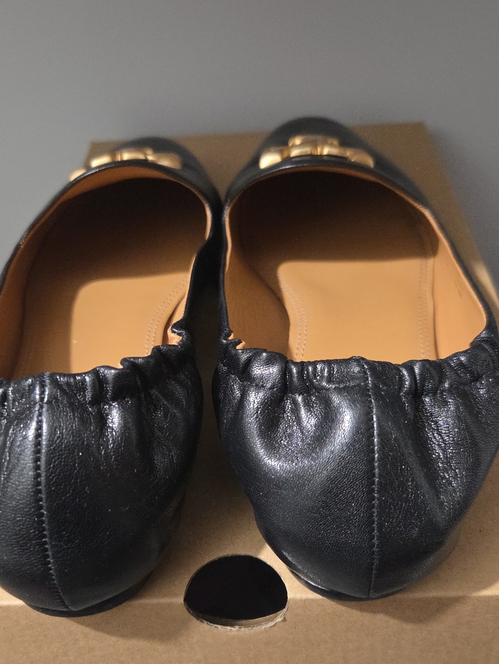 Tory Burch Black Leather Loafers with Gold Logo Medallion - Picture 2 of 5